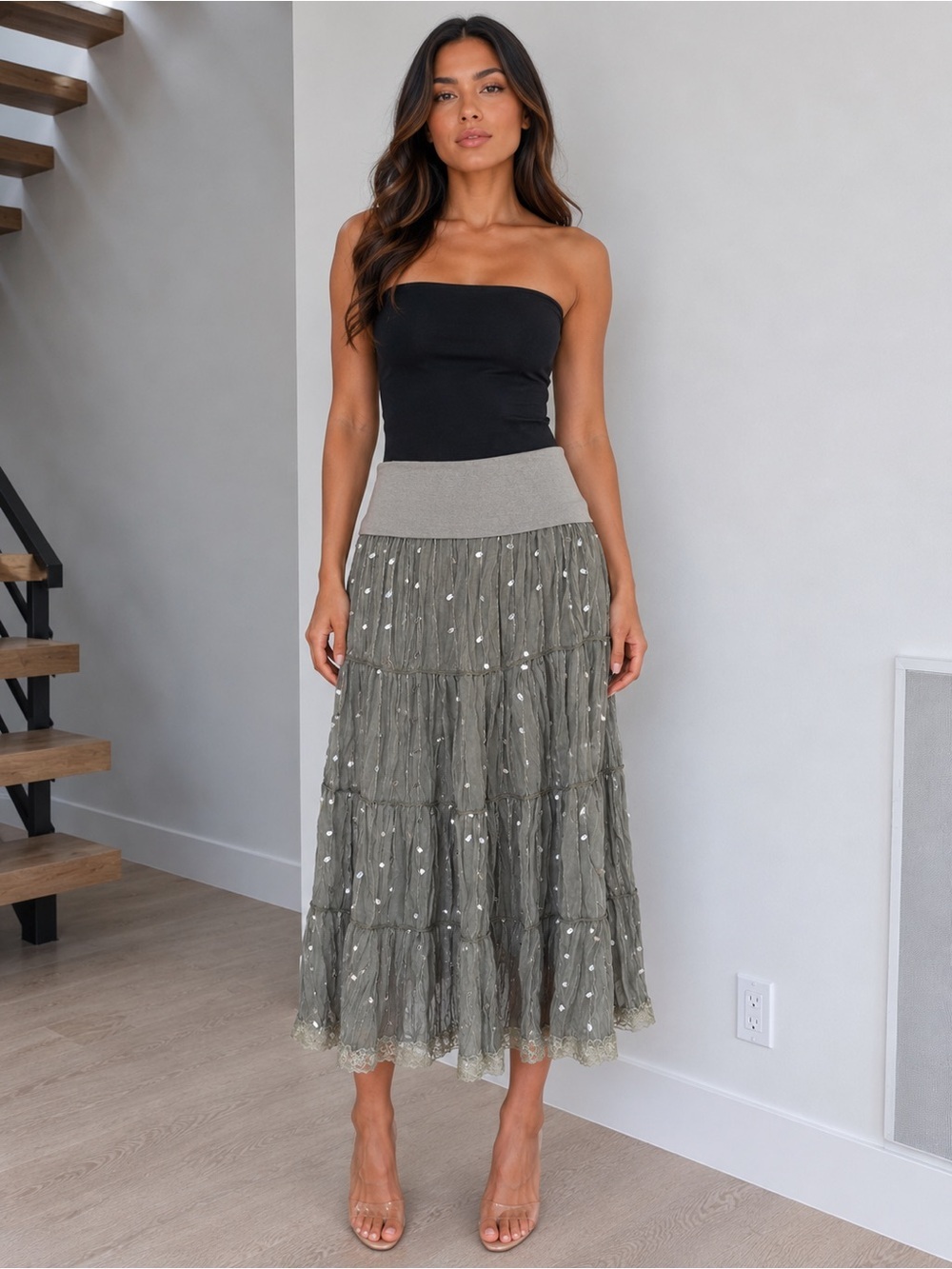 Women's Olive Tiered Midi Skirt with Embroidered Dots size S